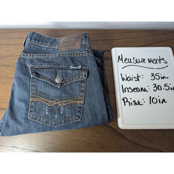 Seven 7 Boot Jeans Mens 34x32 Blue Dark Wash Distressed Flap Pocket - Picture 9 of 11